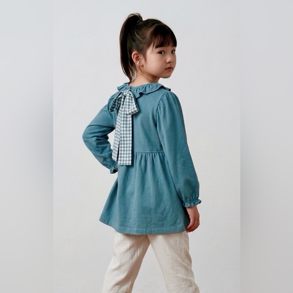 Shrimp & Grits Kids Other - Shrimp & Grits Kids Tunic Top Girl’s 10 M Boutique Green Ruffle Checked Bow Tie